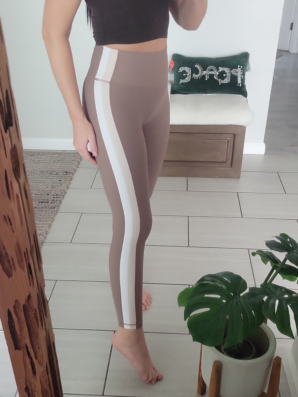 Womens Taupe Leggings with White Side Stripe